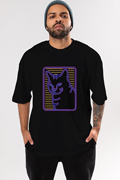 Ankhises Neon Cat Front Štampano Crna Oversize kroj T-shirt Unisex Muškarci Ž...