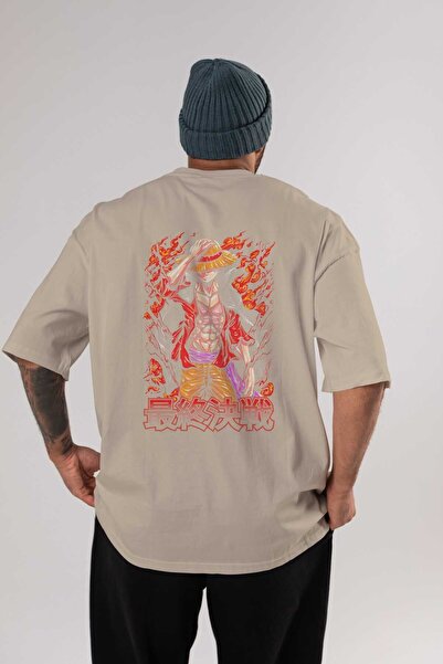 Ankhises MONKEY D. LUFFY (3) Anime Sa deznom Bež Oversize kroj T-shirt 100% p...