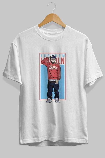 Ankhises Abraham Lincoln Štampano Unisex bela Oversize kroj T-shirt - okrugla...