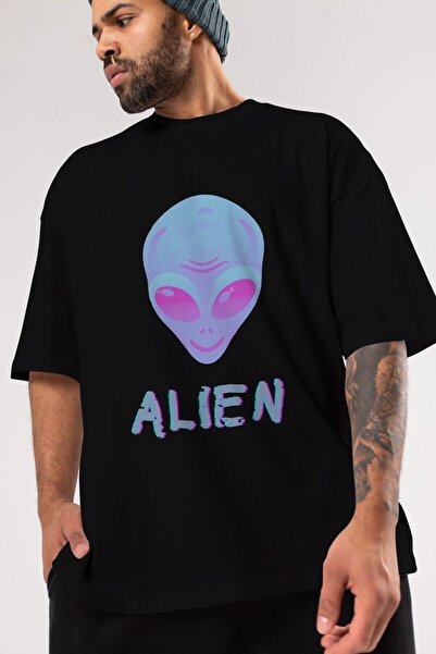 Ankhises Tricou negru oversize cu imprimeu Alien - Unisex Bărbați Femei Crew ...