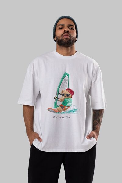 Ankhises تي شيرت تيدي بير سمر تايد أبيض كبير الحجم مطبوع من الأمام للرجال وال...