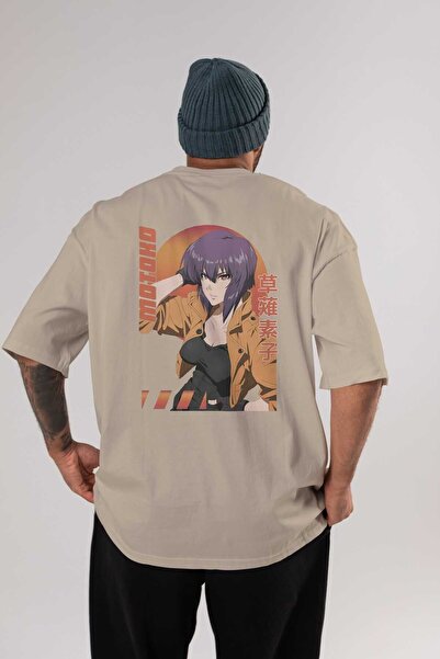 Ankhises Motoko Kusanagi 9 Anime Leđa Štampano Bež Oversize kroj T-shirt 100%...
