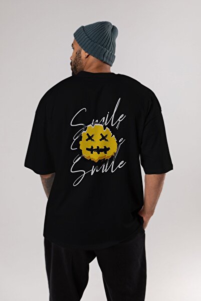 Ankhises Smile Emoji Back Štampano Black Oversize kroj T-shirt Unisex Muškarc...