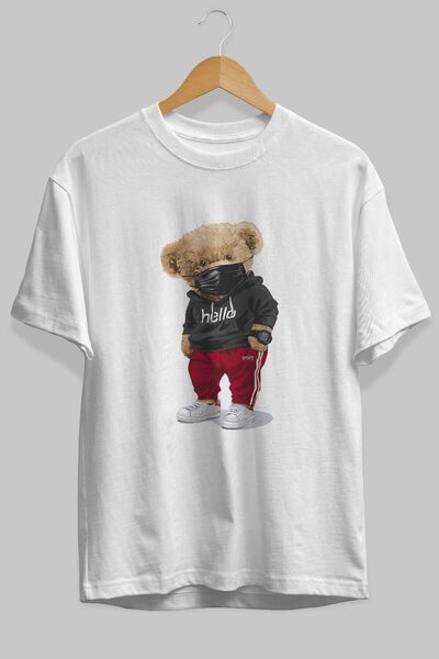 Ankhises Hello Sport Teddy Bear Štampano Beli Oversize kroj T-shirt - Muškarc...