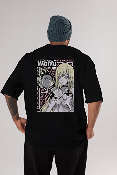 Ankhises Waifu PushUp Anime Back Printed Μαύρο μπλουζάκι Oversize Ανδρικό Γυν...