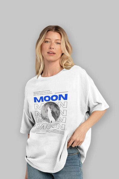 Ankhises Moon μπροστινό εμπριμέ λευκό μπλουζάκι Oversize Ανδρικό γυναικείο λα...