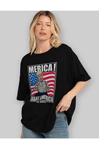 Ankhises Trump Burger Front Štampano Crna Oversize kroj T-shirt Unisex Muškar...