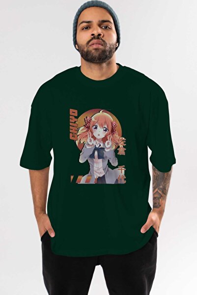Ankhises Chiyo Sakura 5 Anime Front Štampano Emerald Green Oversize kroj T-sh...