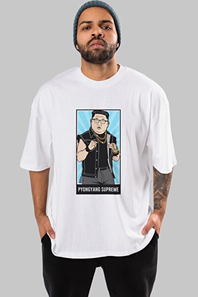 Ankhises Kim Džong Un Supreme White Oversize kroj T-shirt - Unisex Muškarci Ž...