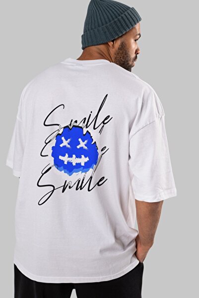 Ankhises Tricou alb oversize - Smile Emoji, Decolteu Crew, Unisex bărbați Femei
