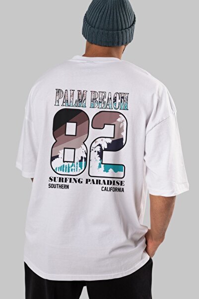 Ankhises Palm Beach 82 Leđa Štampano Bela Oversize kroj T-shirt Unisex Muškar...