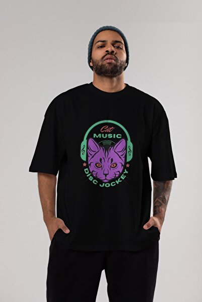 Ankhises Cat Music Front Štampano Crna Oversize kroj T-shirt Unisex Muškarci ...