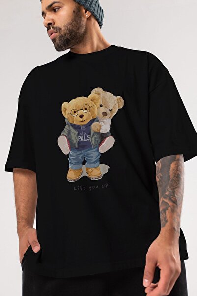 Ankhises Teddy Bear Lift You Up Μπροστινό εμπριμέ μαύρο μπλουζάκι υπερμεγέθη ...