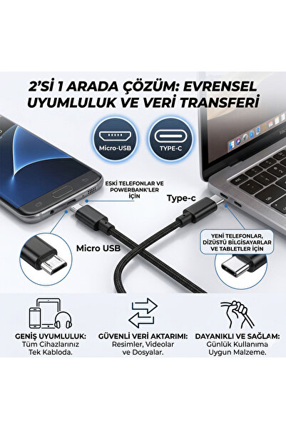 HOOK Heugers Type-c - Mikro Usb Karşılıklı Şarj Ve Data Kablosu | 80 Cm | Siyah