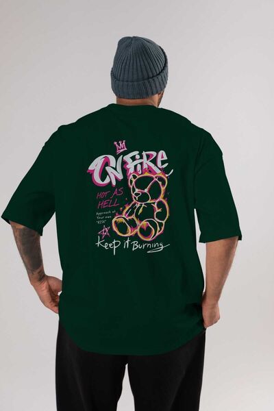 Ankhises On Fire Bear Back Štampano Emerald Green Oversize kroj T-shirt Muška...