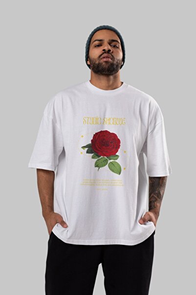 Ankhises Studio Shodwe Rose Front Štampano Bela Oversize kroj T-shirt Muškarc...
