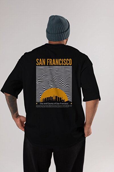 Ankhises San Francisco Text Back Print Μαύρο μπλουζάκι Oversize Ανδρικό γυναι...