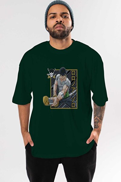 Ankhises RORONOA ZORO Anime Front Štampano Emerald Green Oversize kroj T-shir...