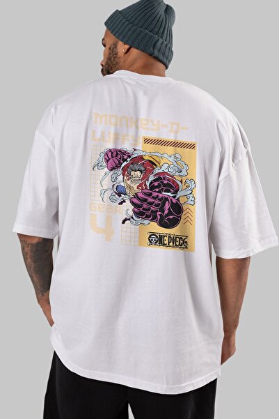 Ankhises Monkey D Luffy Back Štampano Bela Oversize kroj T-shirt Unisex Muška...