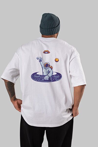 Ankhises Astronaut Disk Jockey Stražnji Štampano Beli Oversize kroj T-shirt U...