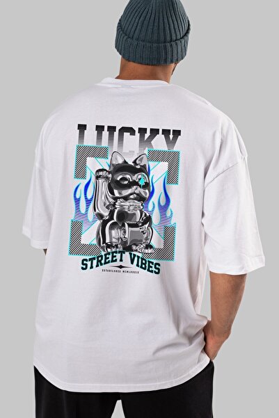 Ankhises Lucky Street Vibes πίσω με στάμπα λευκό μπλουζάκι υπερμεγέθη Unisex ...