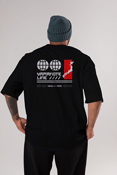 Ankhises Yamanote Line Rear Štampano Black Oversize kroj T-shirt Unisex Muška...