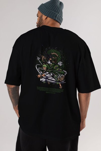 Ankhises Zoro-ONE PIECE Anime Back Printed Black Oversize t-shirt Men Women