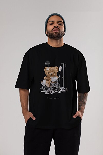 Ankhises Teddy Bear Time Heals Prednja strana Štampano Crna Oversize kroj T-s...