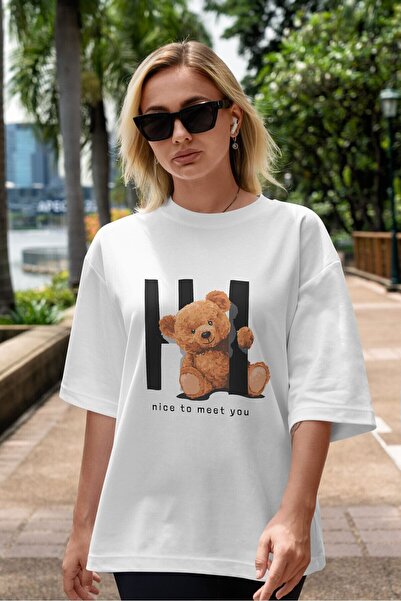 Ankhises Teddy Bear Hi Nice To Meet You Μπροστινό εμπριμέ λευκό μπλουζάκι υπε...