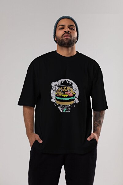 Ankhises Burger Guy Front Štampano Crna Oversize kroj T-shirt Unisex Muškarci...