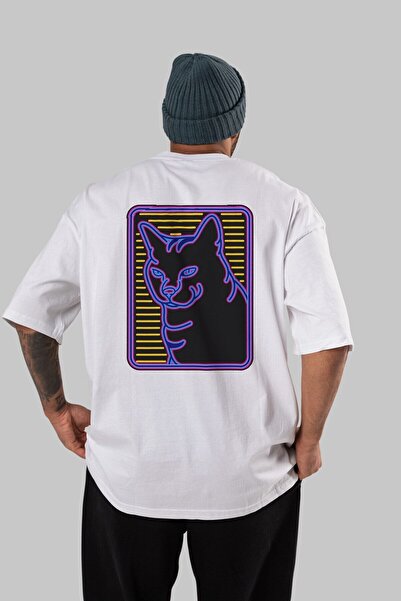 Ankhises Neon Cat Back Štampano Bela Oversize kroj T-shirt Unisex Muškarci Že...