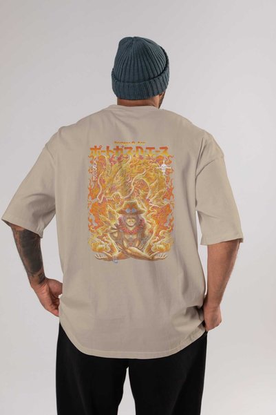 Ankhises PORTGAS D. ACE Аниме Štampano на леђима, беж, Oversize kroj T-shirt,...