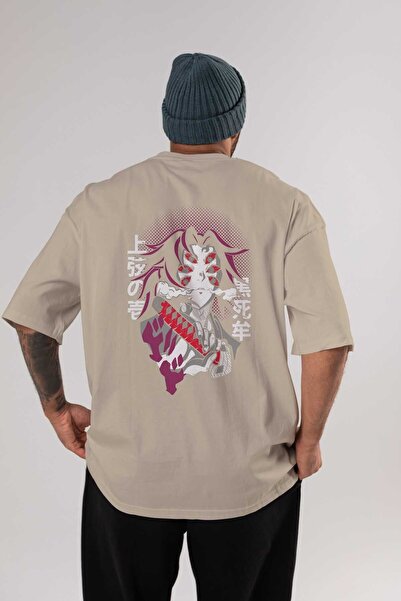 Ankhises Kokushibo Anime Leđa Štampano Bež Oversize kroj T-shirt 100% pamuk M...