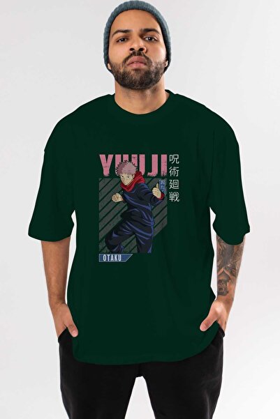Ankhises Yuuji Itadori Anime Front Štampano Emerald Green Oversize kroj T-shi...