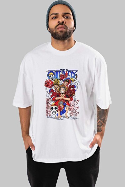 Ankhises MONKEY D. LUFF-ONE PIECE 2 Tricou alb oversize cu imprimeu în față A...