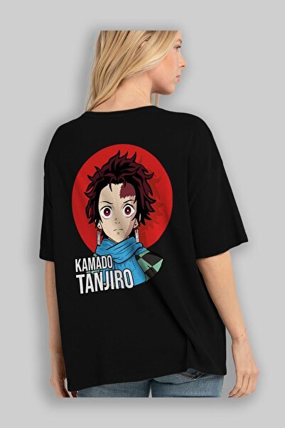 Ankhises TANJIRO KAMADO Anime Back Štampano Crna Oversize kroj T-shirt Muškar...