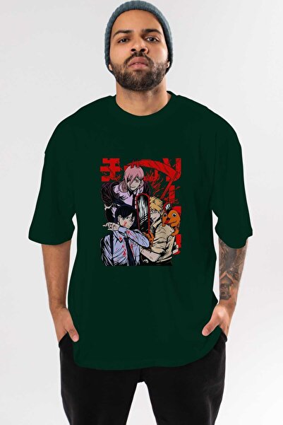 Ankhises CHAINSAWMAN CREW Anime Front Štampano Emerald Green Oversize kroj T-...