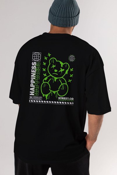 Ankhises Happiness Bear Back Štampano Crna Oversize kroj T-shirt Unisex Muška...