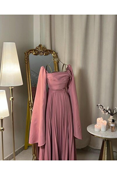 vanus fashion 5708 - فستان وردي بأكمام طويلة وقصة مميزة
