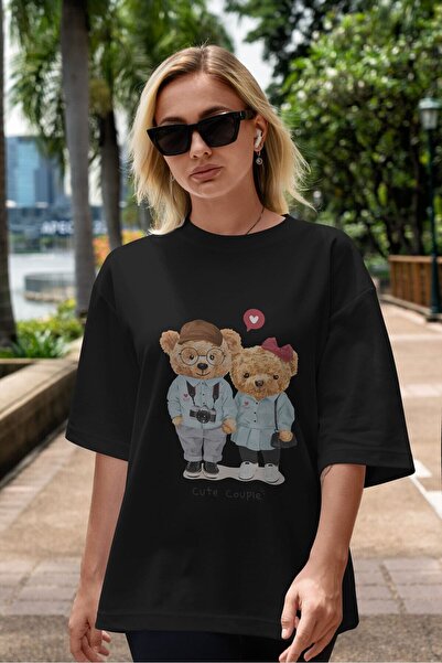 Ankhises Teddy Bear Cute Couple μπροστινό εμπριμέ μαύρο μπλουζάκι υπερμεγέθη ...