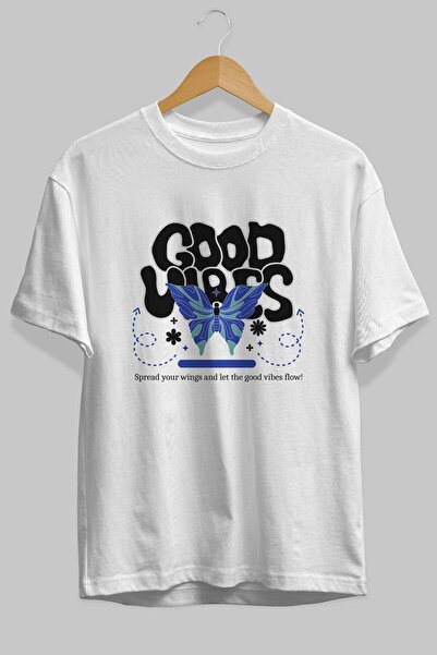 Ankhises Good Vibes Yazılı 4 Ön Baskılı Beyaz Oversize T-shirt Erkek Kadın Bi...