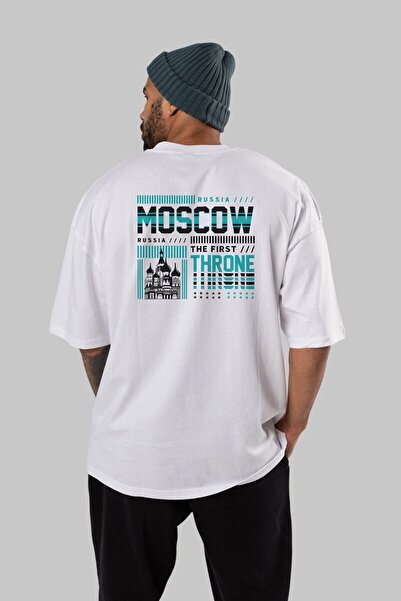 Ankhises تي شيرت أبيض كبير الحجم مطبوع من الخلف من موسكو للجنسين للرجال والنس...