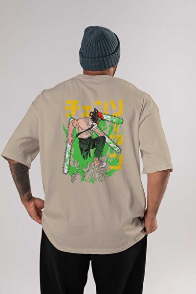 Ankhises CHAINSAWMAN DENJI Anime Leđa Štampano Bež Oversize kroj T-shirt 100%...