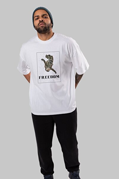 Ankhises Freedom Astronaut Front Štampano Bela Oversize kroj T-shirt Muškarci...