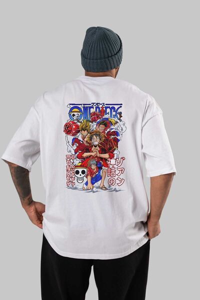 Ankhises MONKEY D. LUFF-ONE PIECE 2 Anime Arka Baskılı Beyaz Oversize t-shirt...