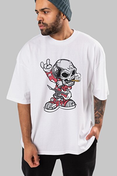 Ankhises Skull Rockstar Front Štampano Bela Oversize kroj T-shirt Unisex Mušk...