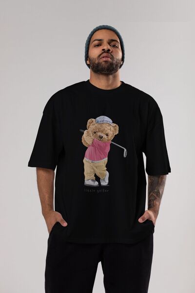Ankhises Teddy Bear Little Golfer εμπρός εμπριμέ μαύρο μπλουζάκι υπερμεγέθη α...