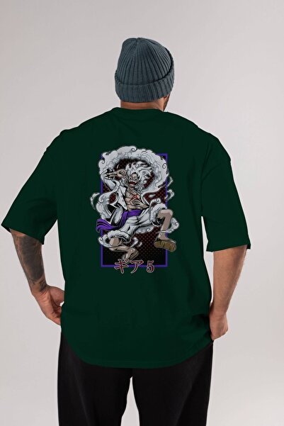 Ankhises LUFFY GEAR 5 RECUADRO Anime Arka Štampano Emerald Green Oversize kro...