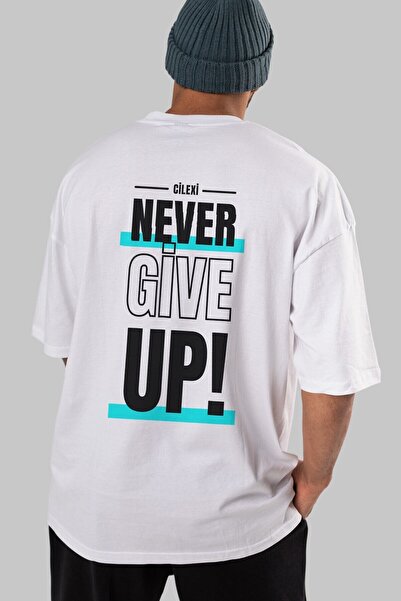 Ankhises Never Give Up 2 Texte Spate Imprimat Tricou supradimensionat alb Băr...