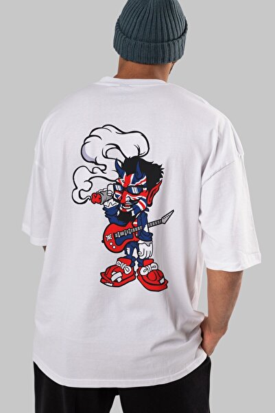 Ankhises Uk Devil Rockstar Back Štampano Bela Oversize kroj T-shirt Unisex Mu...